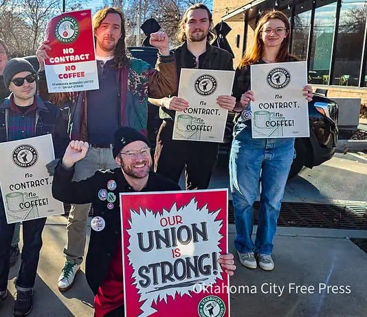 Community backs picketing workers at Oklahoma City Starbucks Starbucks workers