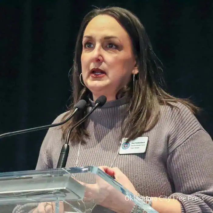 Executive Manager and Special Projects Manager in the City Manager’s Office, Sue Hollenbeck, speaks at the Oklahoma City Convention Center’s fifth anniversary celebration.