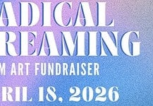 Poster for Radical Dreaming film art fundraiser with date April 18, 2026 on a purple-blue gradient background.