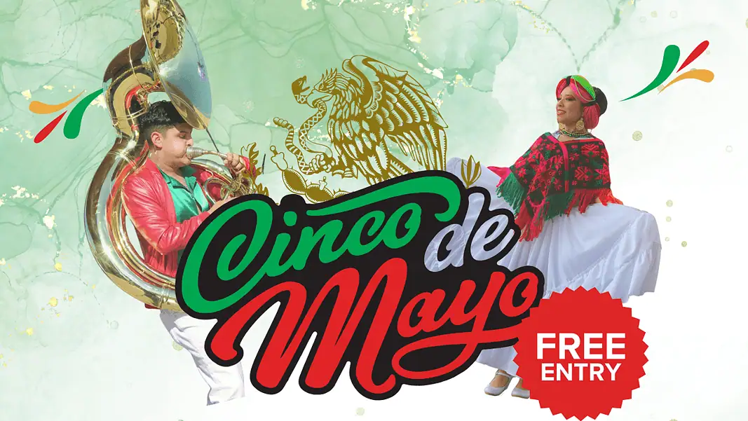 Cinco de Mayo (Flyer) 2026. (1) Cinco de Mayo promotional graphic with a brass musician, a dancer in traditional clothing, and a red FREE ENTRY badge.