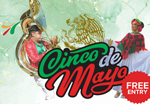 Cinco de Mayo promotional graphic with a brass musician, a dancer in traditional clothing, and a red FREE ENTRY badge.
