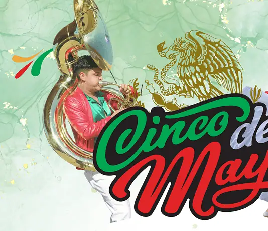 PRESS RELEASE: Hispanic Chamber of Commerce announces Cinco de Mayo Fest at Scissortail Park May 1st Cinco de Mayo promotional graphic with a brass musician, a dancer in traditional clothing, and a red FREE ENTRY badge.