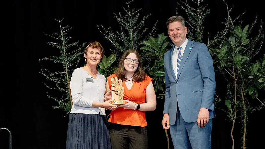 Dr. Geest with Mayor's Award (L to R) Natalie Evans, Executive Director of OKC Beautiful, Dr. Emily Geest, and OKC Mayor David Holt