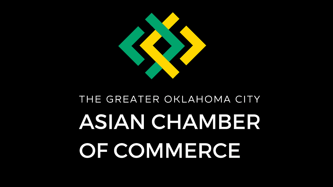 Greater OKC Asian Chamber Logo for The Greater Oklahoma City Asian Chamber of Commerce: teal and yellow geometric emblem above the organization name on a black background.