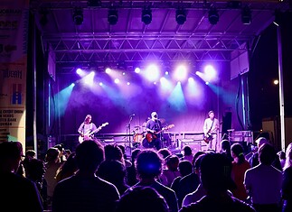 Band performs on a lit stage with purple and blue lights as a crowd watches from the foreground at a nighttime concert.