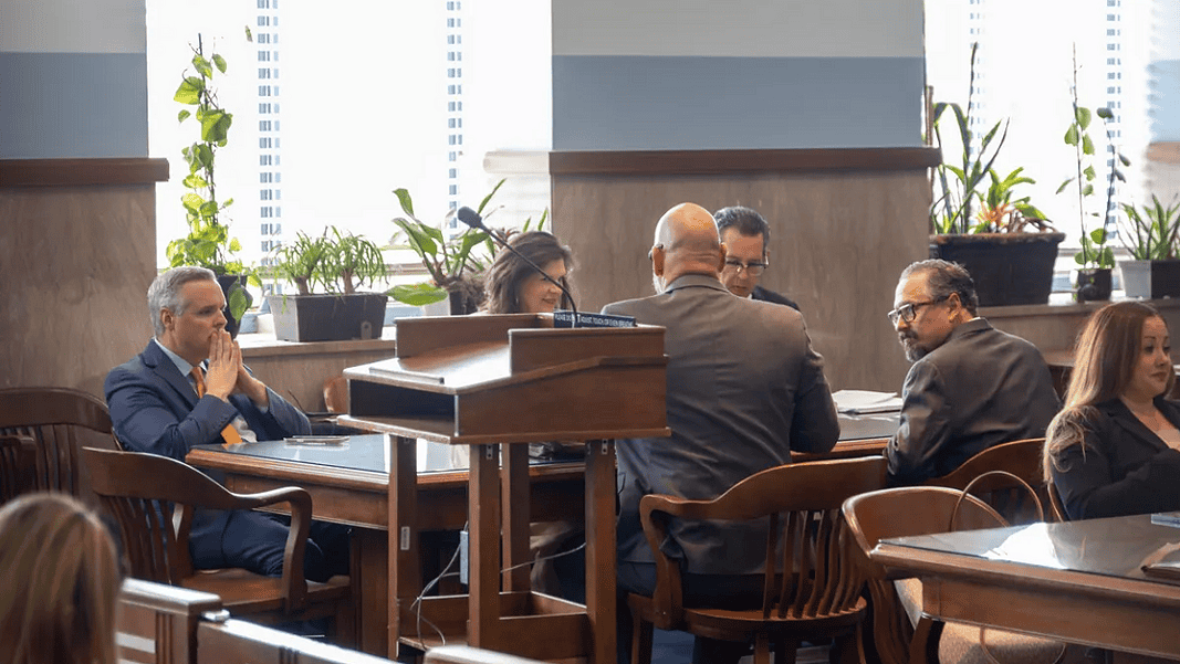 Formal meeting in a boardroom: people seated around a wooden table, a podium in the foreground, plants by the window.