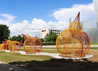 Massive ‘Formless Matter’ sculpture transforms OK Contemporary art park Outdoor art installation featuring large orange wire pumpkins on a curved concrete path in a park under a bright blue sky with white clouds.