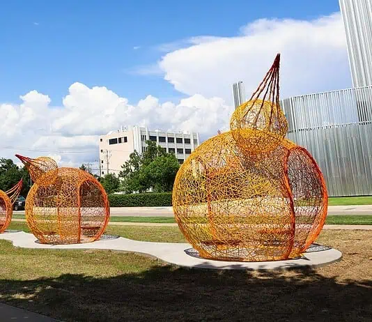 Massive ‘Formless Matter’ sculpture transforms OK Contemporary art park Outdoor art installation featuring large orange wire pumpkins on a curved concrete path in a park under a bright blue sky with white clouds.
