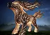 PRESS RELEASE: Name the dog sculpture at the OKC Louisa McCune Animal Welfare Center Abstract wooden horse sculpture made of twisting carved planks, lit against a dark night sky in a foggy field.”