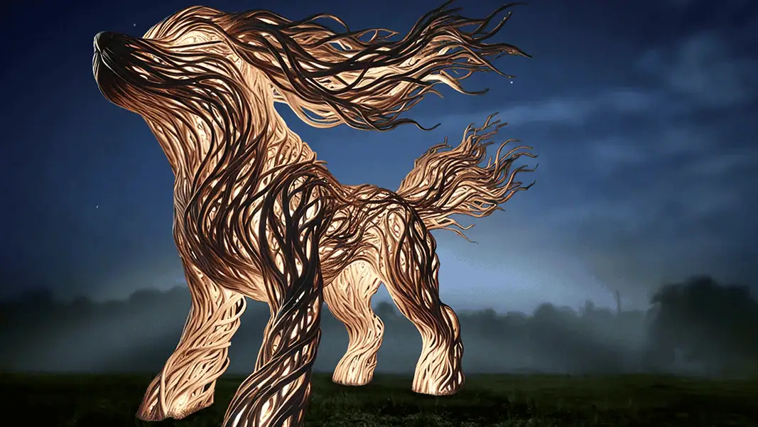 McCune Animal Welfare sculpture 1 Abstract wooden horse sculpture made of twisting carved planks, lit against a dark night sky in a foggy field.”