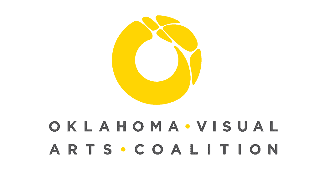 Logo for Oklahoma Visual Arts Coalition: a yellow abstract circular mark above the gray wordmark ‘OKLAHOMA • VISUAL ARTS • COALITION’.