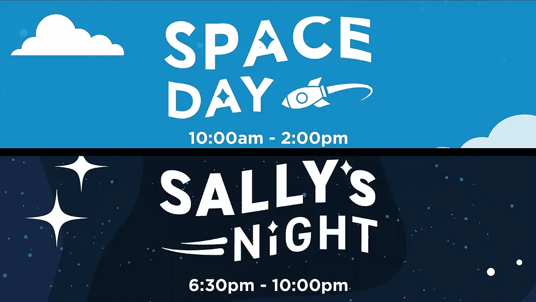 SMO Space Day Sally's Night Space Day banner: blue background with a rocket icon and the time 10:00am–2:00pm.
