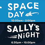 Space Day banner: blue background with a rocket icon and the time 10:00am–2:00pm.