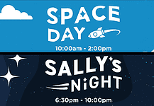 Space Day banner: blue background with a rocket icon and the time 10:00am–2:00pm.