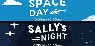Space Day banner: blue background with a rocket icon and the time 10:00am–2:00pm.