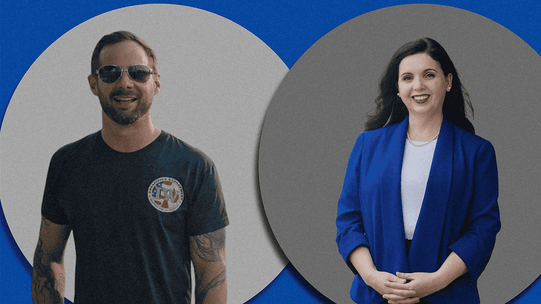 Two smiling professionals: man in a black t-shirt with sunglasses on the left, woman in a blue blazer on the right, against gray circular backgrounds.