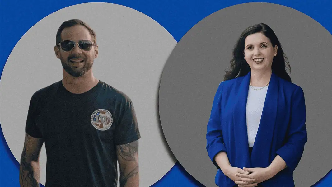 Trey Martin Jana Nelson The Frontier Two smiling professionals: man in a black t-shirt with sunglasses on the left, woman in a blue blazer on the right, against gray circular backgrounds.