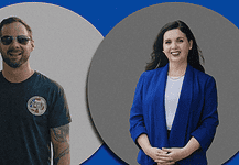 Two smiling professionals: man in a black t-shirt with sunglasses on the left, woman in a blue blazer on the right, against gray circular backgrounds.