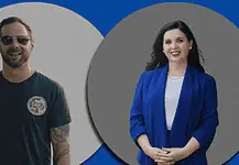 Two Democrats, one chance at flipping Oklahoma’s 5th District Two smiling professionals: man in a black t-shirt with sunglasses on the left, woman in a blue blazer on the right, against gray circular backgrounds.