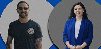 Two smiling professionals: man in a black t-shirt with sunglasses on the left, woman in a blue blazer on the right, against gray circular backgrounds.