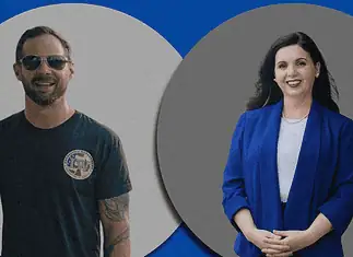 Two Democrats, one chance at flipping Oklahoma’s 5th District Two smiling professionals: man in a black t-shirt with sunglasses on the left, woman in a blue blazer on the right, against gray circular backgrounds.