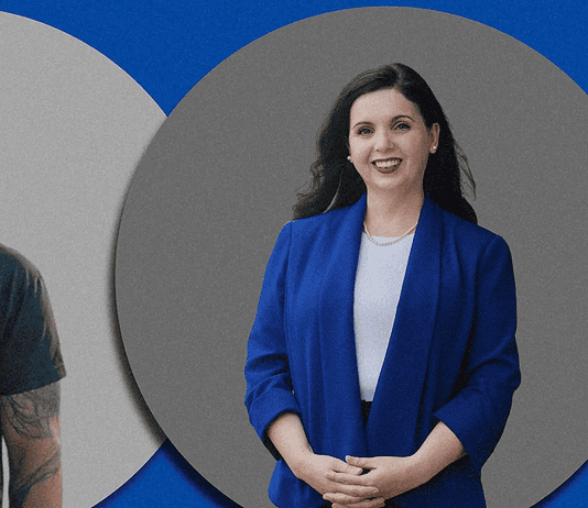 Two smiling professionals: man in a black t-shirt with sunglasses on the left, woman in a blue blazer on the right, against gray circular backgrounds.