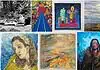 PRESS RELEASE: OK Hall of Fame hosts 2026 OVAC Members show, feat. over 50 Oklahoman artists A collage of eight artworks: top row shows a black-and-white garden scene, a vivid geometric piece, a blue quilt, and a cloudy landscape; bottom row contains a textured portrait, an abstract warm-toned seascape, and a bold blue portrait of a Native American woman.