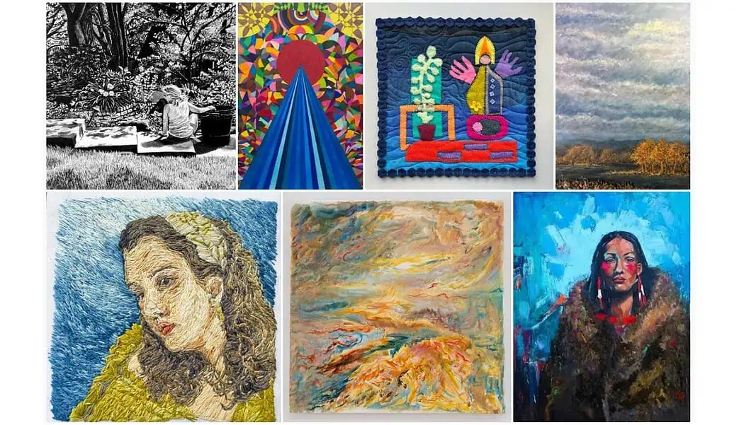 2026 OVAC Members Show A collage of eight artworks: top row shows a black-and-white garden scene, a vivid geometric piece, a blue quilt, and a cloudy landscape; bottom row contains a textured portrait, an abstract warm-toned seascape, and a bold blue portrait of a Native American woman.