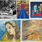 PRESS RELEASE: OK Hall of Fame hosts 2026 OVAC Members show, feat. over 50 Oklahoman artists A collage of eight artworks: top row shows a black-and-white garden scene, a vivid geometric piece, a blue quilt, and a cloudy landscape; bottom row contains a textured portrait, an abstract warm-toned seascape, and a bold blue portrait of a Native American woman.