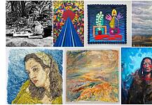 A collage of eight artworks: top row shows a black-and-white garden scene, a vivid geometric piece, a blue quilt, and a cloudy landscape; bottom row contains a textured portrait, an abstract warm-toned seascape, and a bold blue portrait of a Native American woman.