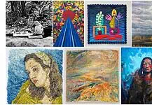 PRESS RELEASE: OK Hall of Fame hosts 2026 OVAC Members show, feat. over 50 Oklahoman artists A collage of eight artworks: top row shows a black-and-white garden scene, a vivid geometric piece, a blue quilt, and a cloudy landscape; bottom row contains a textured portrait, an abstract warm-toned seascape, and a bold blue portrait of a Native American woman.