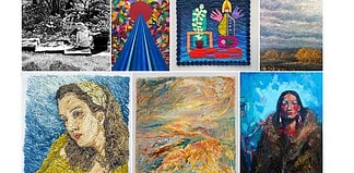 A collage of eight artworks: top row shows a black-and-white garden scene, a vivid geometric piece, a blue quilt, and a cloudy landscape; bottom row contains a textured portrait, an abstract warm-toned seascape, and a bold blue portrait of a Native American woman.