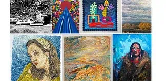 A collage of eight artworks: top row shows a black-and-white garden scene, a vivid geometric piece, a blue quilt, and a cloudy landscape; bottom row contains a textured portrait, an abstract warm-toned seascape, and a bold blue portrait of a Native American woman.