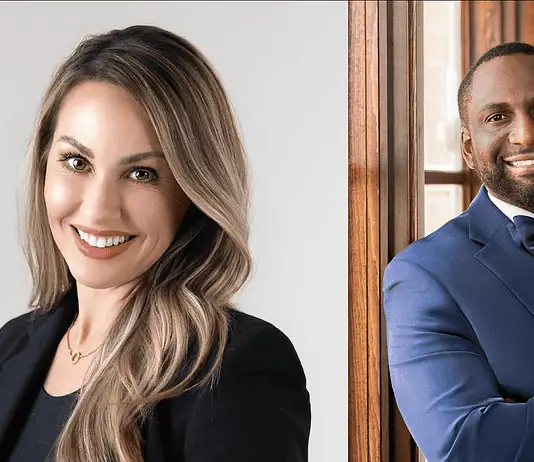 Lowe, Baker head to runoff for OK County Dist 1; min wage hike fails Two smiling professionals posing for a corporate headshot: woman in a black blazer on the left and man in a blue suit on the right.