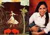 PRESS RELEASE: Norman Depot hosting posthumous retrospective exhibit for artist Wendy Mahsetky-Poolaw Left panel: a dancer in a pale dress among palm trees and looping lines with two red bison silhouettes; right panel: a smiling woman in a white shirt.