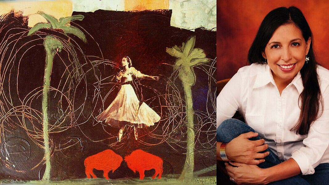 Left panel: a dancer in a pale dress among palm trees and looping lines with two red bison silhouettes; right panel: a smiling woman in a white shirt.