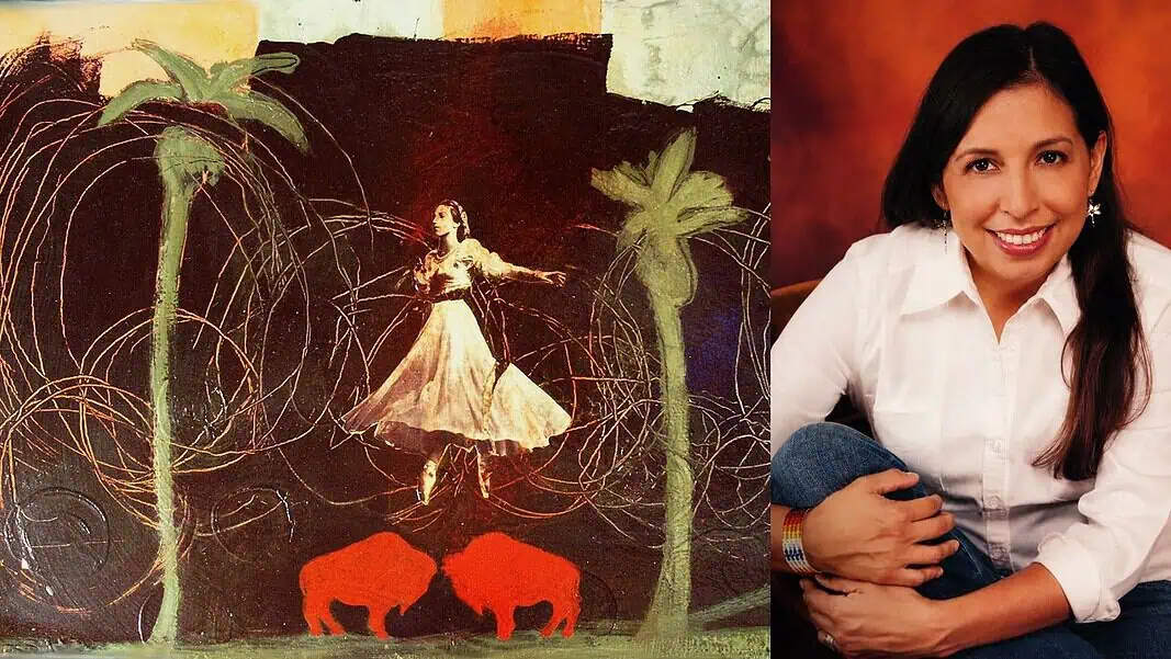 Ballerina-cropped Left panel: a dancer in a pale dress among palm trees and looping lines with two red bison silhouettes; right panel: a smiling woman in a white shirt.