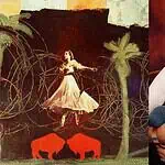 PRESS RELEASE: Norman Depot hosting posthumous retrospective exhibit for artist Wendy Mahsetky-Poolaw Left panel: a dancer in a pale dress among palm trees and looping lines with two red bison silhouettes; right panel: a smiling woman in a white shirt.
