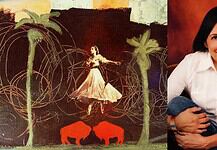 Left panel: a dancer in a pale dress among palm trees and looping lines with two red bison silhouettes; right panel: a smiling woman in a white shirt.