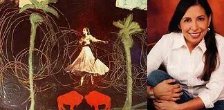 Left panel: a dancer in a pale dress among palm trees and looping lines with two red bison silhouettes; right panel: a smiling woman in a white shirt.