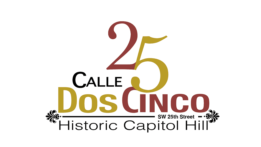 Calle Dos Cinco logo Logo for 25 Calle Dos Cinco, Historic Capitol Hill, with decorative gold and maroon typography and flourish accents.