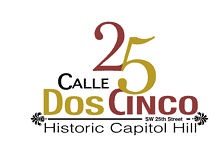 PRESS RELEASE: Calle Dos Cinco hosts Civic Group event with Visit OKC to discuss community branding June 4 Logo for 25 Calle Dos Cinco, Historic Capitol Hill, with decorative gold and maroon typography and flourish accents.