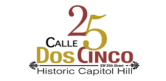 Logo for 25 Calle Dos Cinco, Historic Capitol Hill, with decorative gold and maroon typography and flourish accents.