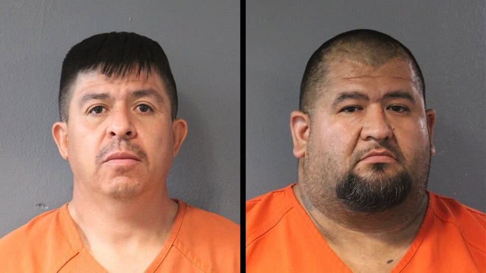 Side-by-side mugshots of two men in orange jumpsuits against a gray background.