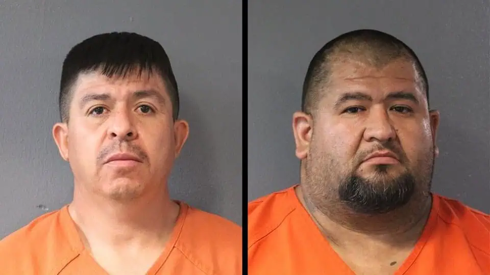 Side-by-side mugshots of two men in orange jumpsuits against a gray background.