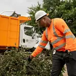 PRESS RELEASE: June storm debris to be collected in OKC on regular July bulky waste schedule Utility worker in an orange safety vest and hard hat clearing storm debris beside a city dump truck; green panel on the right reads 'UPDATE June Storm Debris Collection' with city seal.