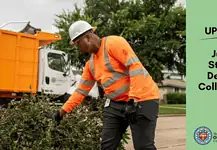 PRESS RELEASE: June storm debris to be collected in OKC on regular July bulky waste schedule Utility worker in an orange safety vest and hard hat clearing storm debris beside a city dump truck; green panel on the right reads 'UPDATE June Storm Debris Collection' with city seal.