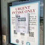 On eve of adoption drive, City rescues over 500 animals in drug bust A door with a large posting labeled 'URGENT INTAKE ONLY' and a smaller 'NOTICE' sign attached over the poster.