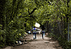 Two workers in reflective safety vests walk down a tree-lined dirt path with litter on the ground and a chain-link fence to the right.