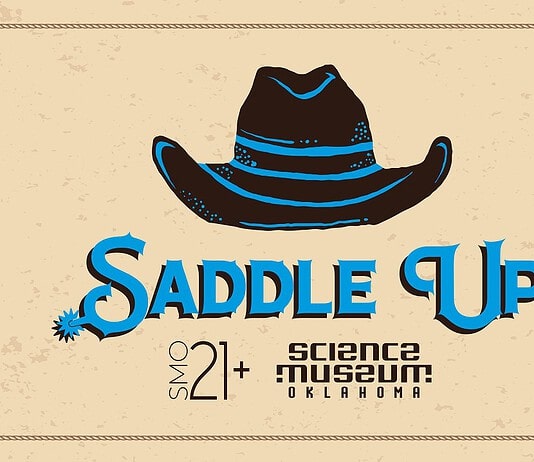 PRESS RELEASE: The SMOdeo is coming to town: Science Museum Oklahoma announces SMO21+: Saddle Up Poster for Saddle Up at Science Museum Oklahoma, featuring a black cowboy hat with blue accents and bold blue text, bordered by rope and blue stars.